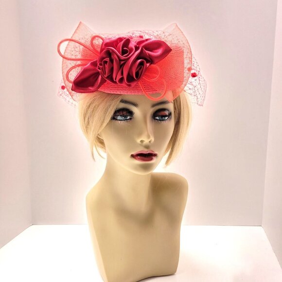 Red Pillbox Hat with Netting - Picture 1 of 16